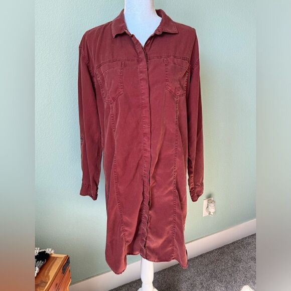 Prana Doryan Shirt Dress Women's Large Vino Button Front Roll Tab Sleeve Tencel - Picture 1 of 9